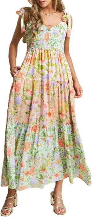 Women's Floral Maxi Dress Shoulder Tie Strap Backless Tiered A-Line Flowy Boho Dresses Cute Summer Long Sundress