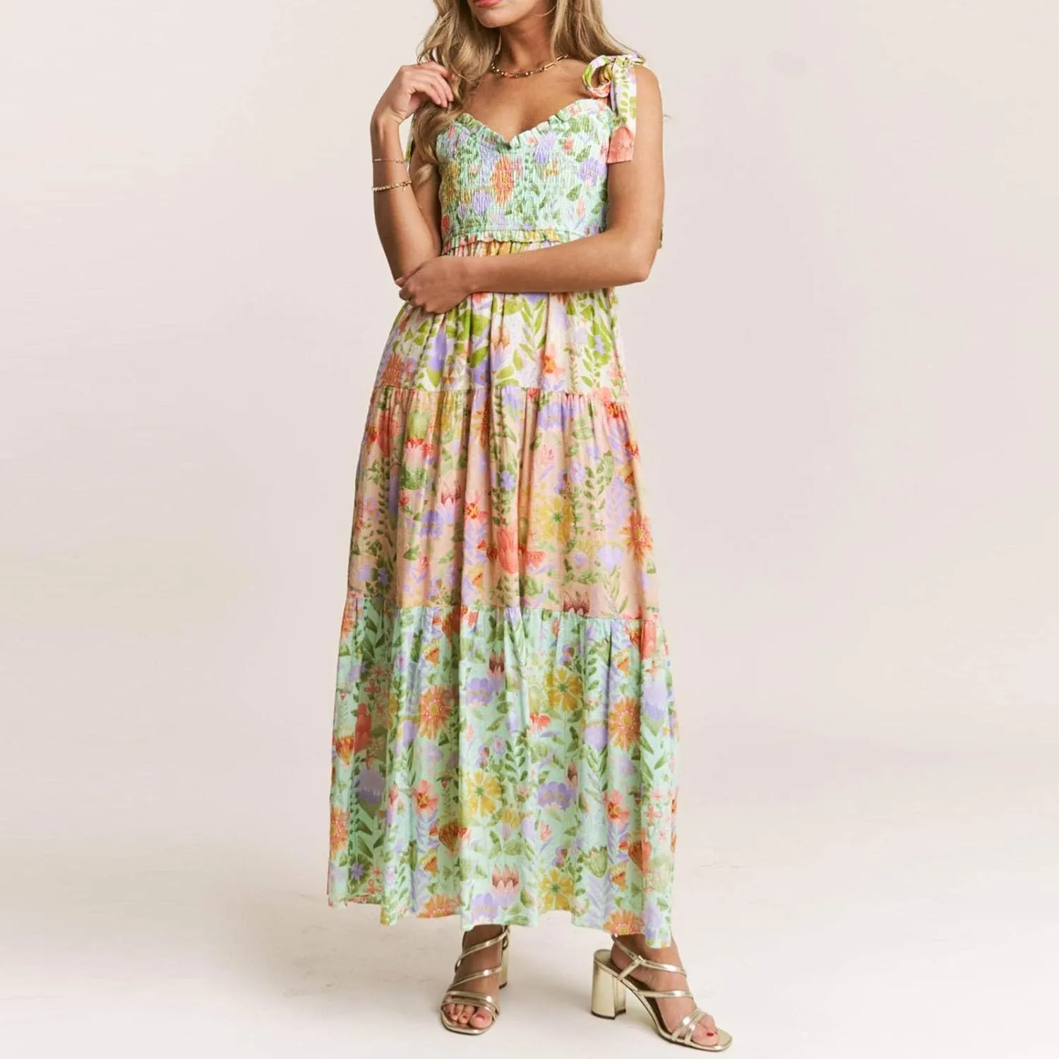 Women's Floral Maxi Dress Shoulder Tie Strap Backless Tiered A-Line Flowy Boho Dresses Cute Summer Long Sundress