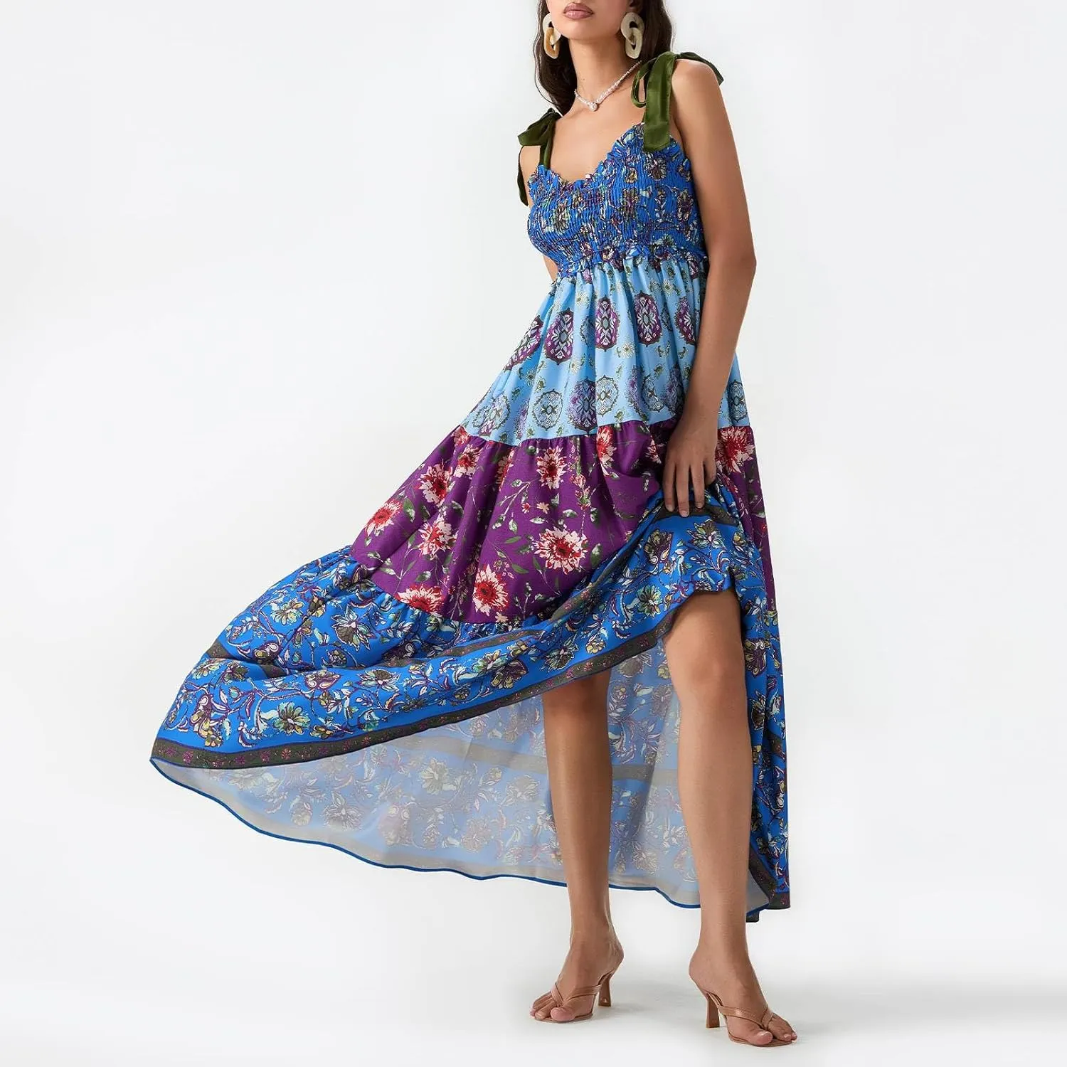 Women's Floral Maxi Dress Shoulder Tie Strap Backless Tiered A-Line Flowy Boho Dresses Cute Summer Long Sundress