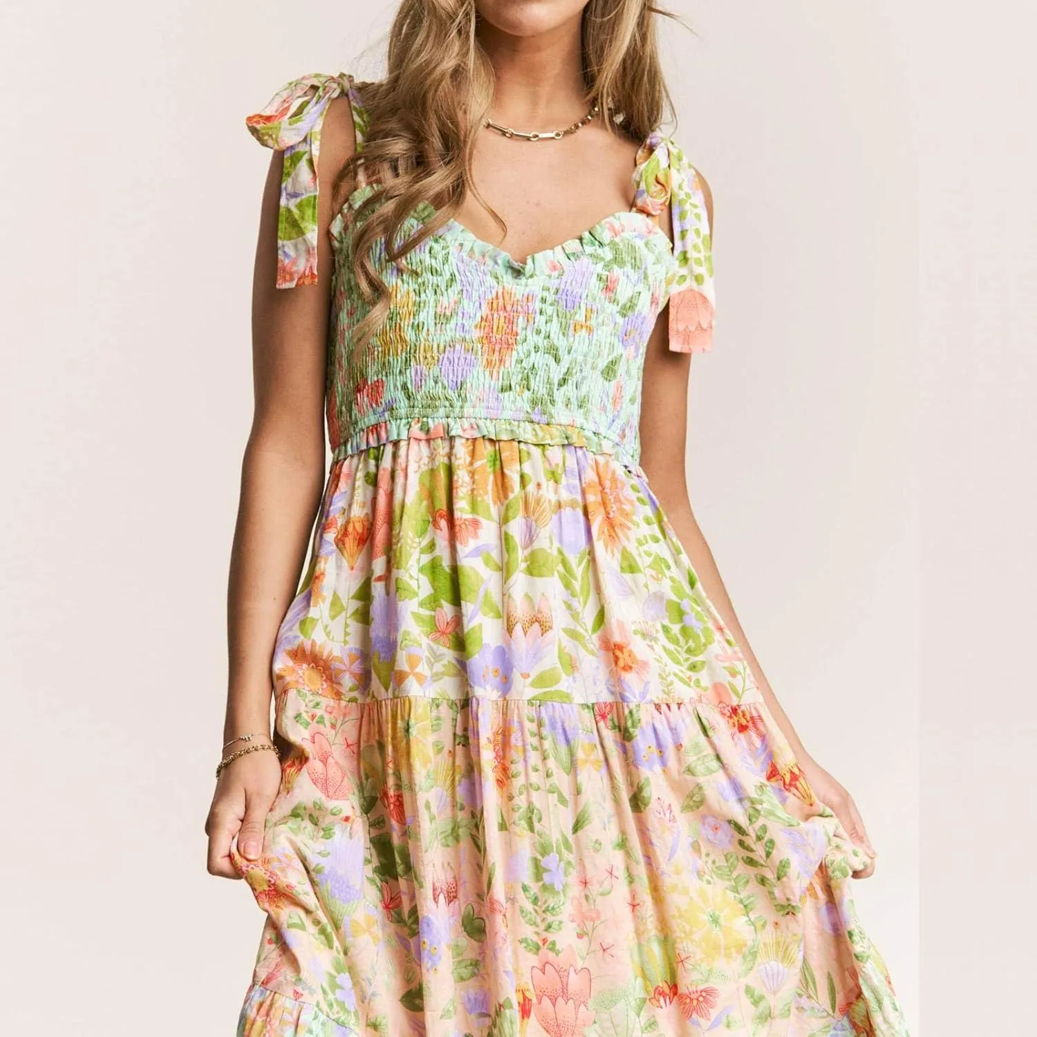 Women's Floral Maxi Dress Shoulder Tie Strap Backless Tiered A-Line Flowy Boho Dresses Cute Summer Long Sundress