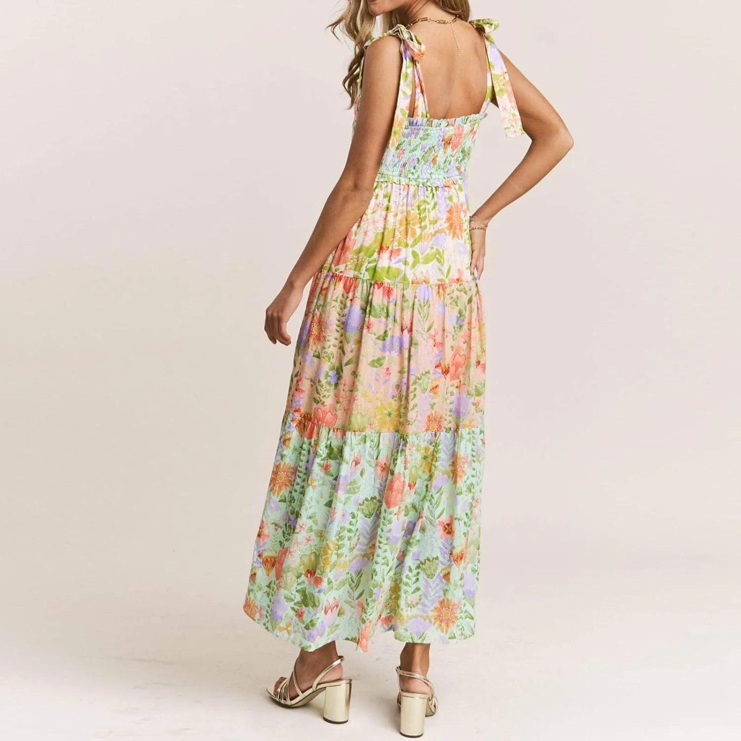 Women's Floral Maxi Dress Shoulder Tie Strap Backless Tiered A-Line Flowy Boho Dresses Cute Summer Long Sundress