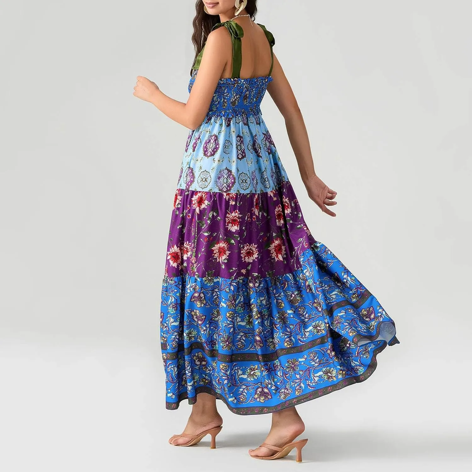 Women's Floral Maxi Dress Shoulder Tie Strap Backless Tiered A-Line Flowy Boho Dresses Cute Summer Long Sundress