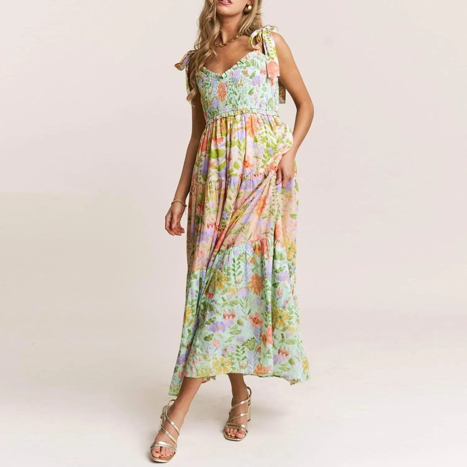 Women's Floral Maxi Dress Shoulder Tie Strap Backless Tiered A-Line Flowy Boho Dresses Cute Summer Long Sundress
