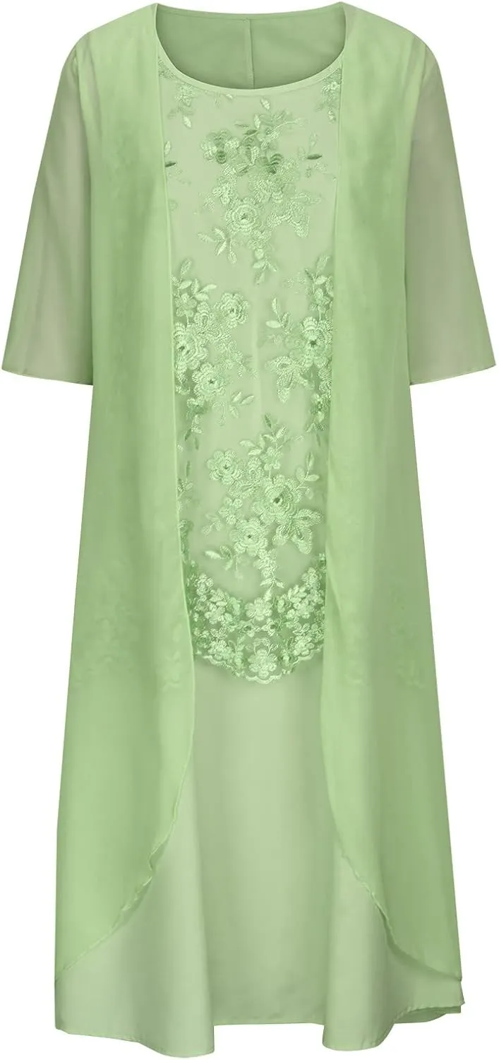Womens Flowy Floral Dresses with Jacket 2 Piece Set 3/4 Sleeve Sheer Chiffon Summer Cocktail Wedding Guest Dress