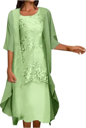 Womens Flowy Floral Dresses with Jacket 2 Piece Set 3/4 Sleeve Sheer Chiffon Summer Cocktail Wedding Guest Dress