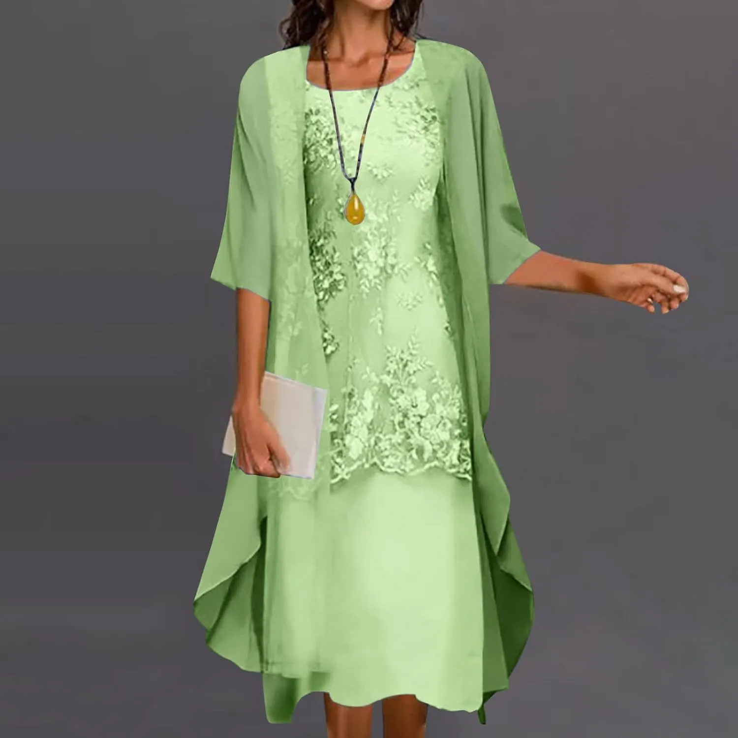 Womens Flowy Floral Dresses with Jacket 2 Piece Set 3/4 Sleeve Sheer Chiffon Summer Cocktail Wedding Guest Dress