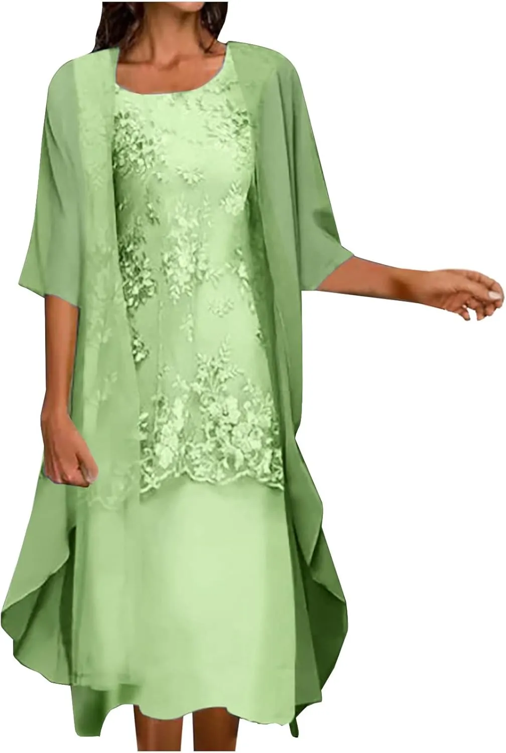 Womens Flowy Floral Dresses with Jacket 2 Piece Set 3/4 Sleeve Sheer Chiffon Summer Cocktail Wedding Guest Dress