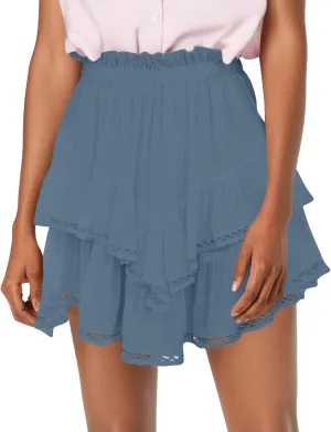 Women's High Waist Mini Skirt Solid Color Ruffle Layered Pleated Flowy Skirts Beach Vacation Skort