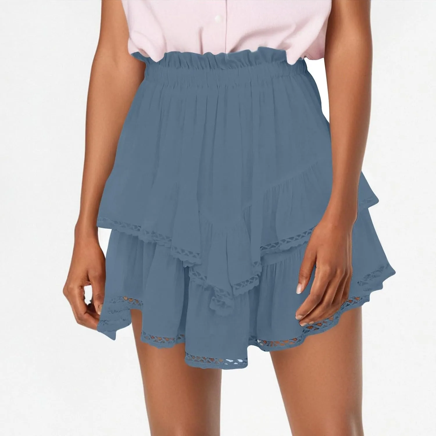 Women's High Waist Mini Skirt Solid Color Ruffle Layered Pleated Flowy Skirts Beach Vacation Skort
