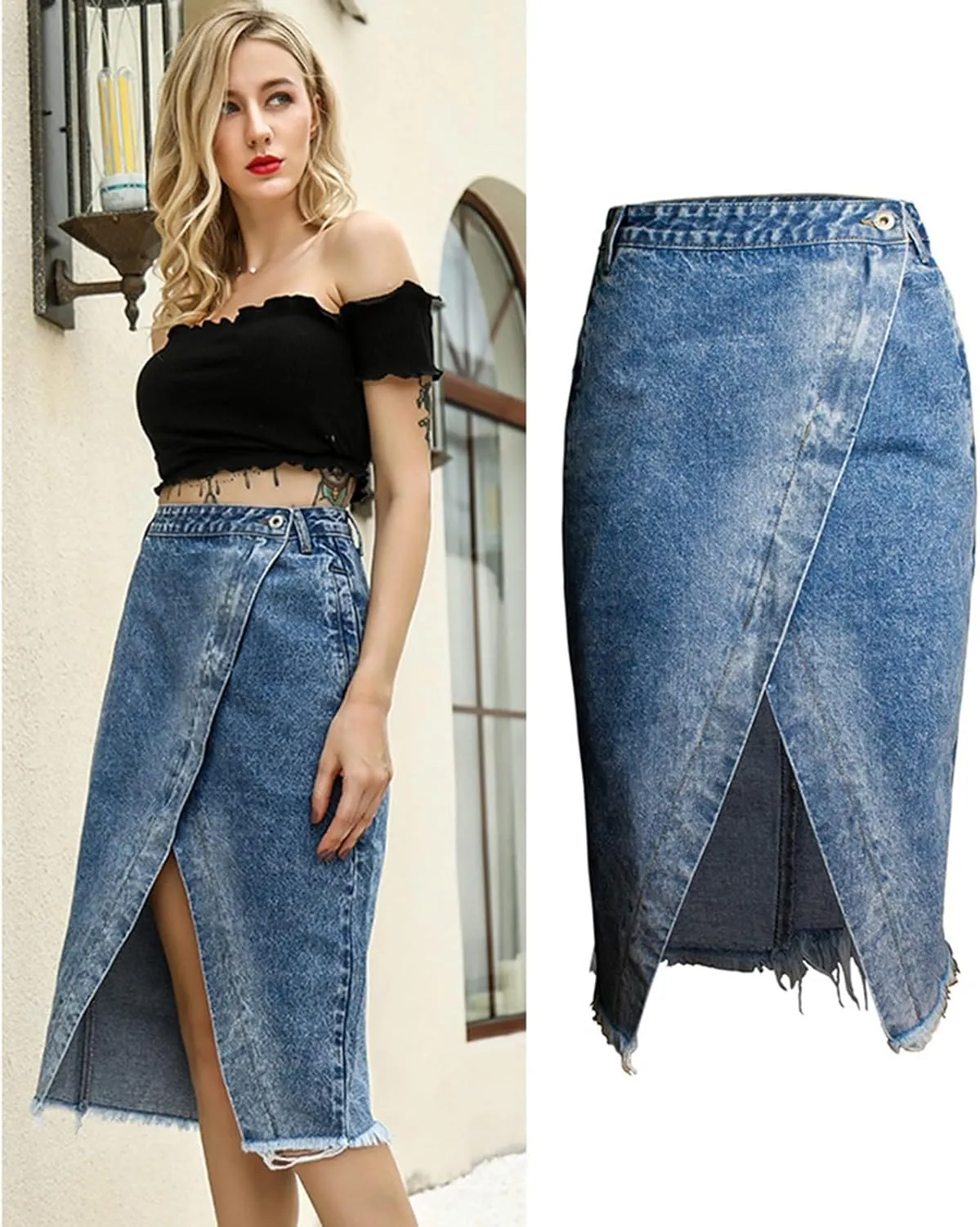 Women's High Waisted Denim Wrap Skirt with Asymmetrical Split and Frayed Hem Beach Vacation Casual Jean Midi Skirts
