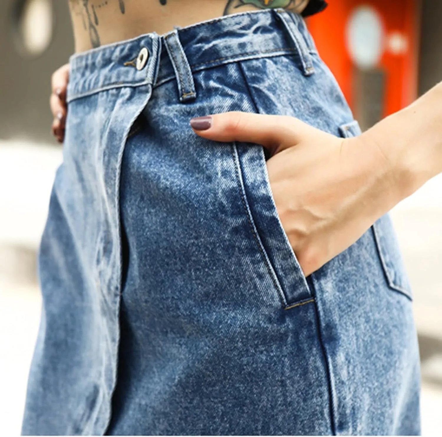 Women's High Waisted Denim Wrap Skirt with Asymmetrical Split and Frayed Hem Beach Vacation Casual Jean Midi Skirts