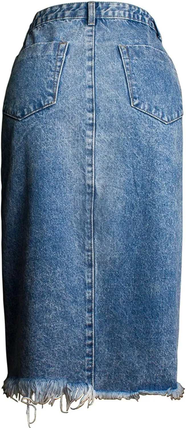 Women's High Waisted Denim Wrap Skirt with Asymmetrical Split and Frayed Hem Beach Vacation Casual Jean Midi Skirts