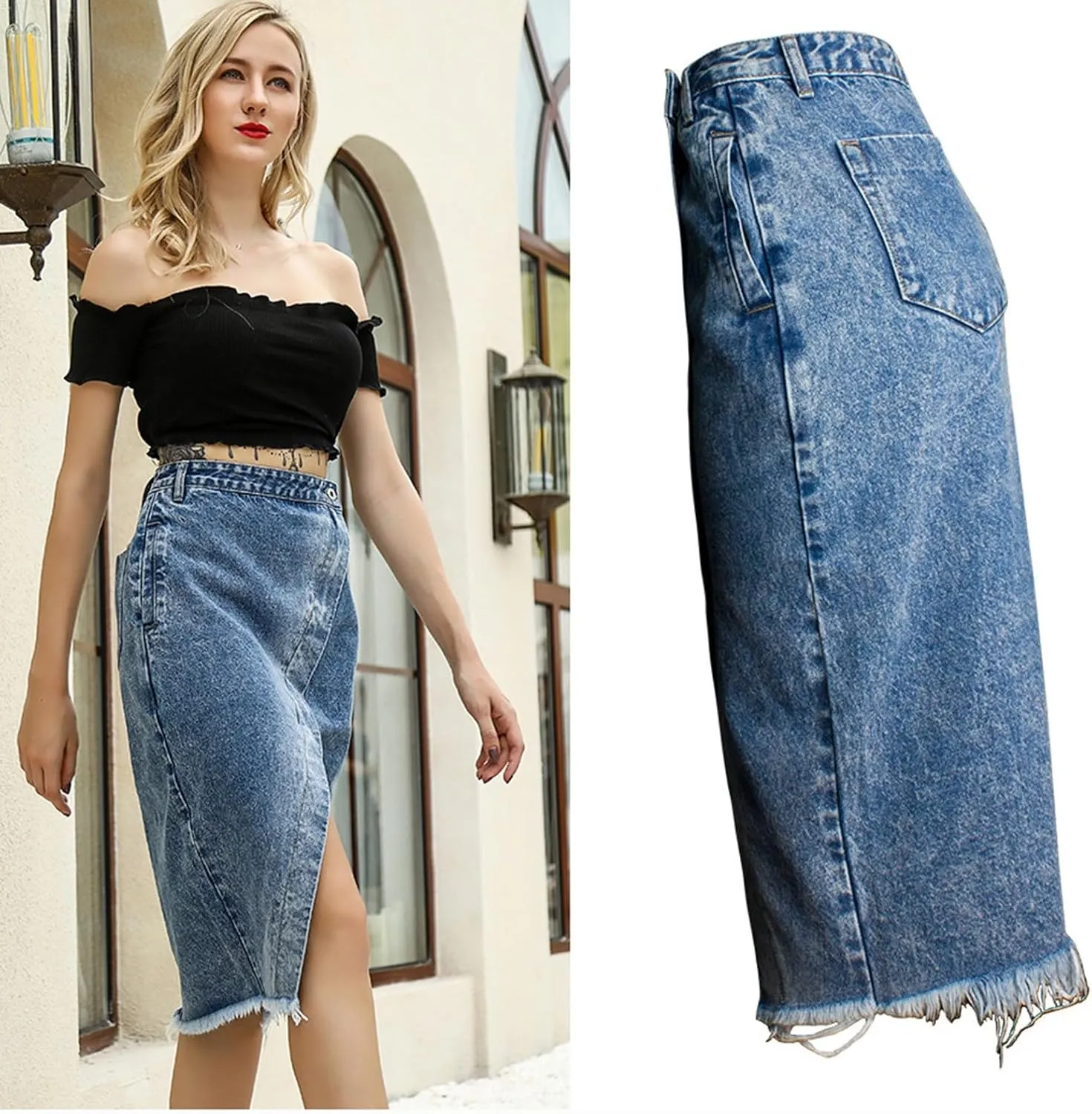 Women's High Waisted Denim Wrap Skirt with Asymmetrical Split and Frayed Hem Beach Vacation Casual Jean Midi Skirts