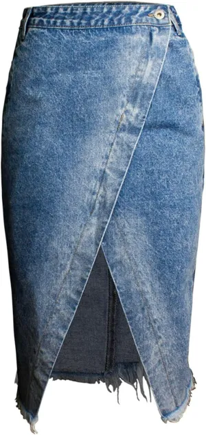 Women's High Waisted Denim Wrap Skirt with Asymmetrical Split and Frayed Hem Beach Vacation Casual Jean Midi Skirts