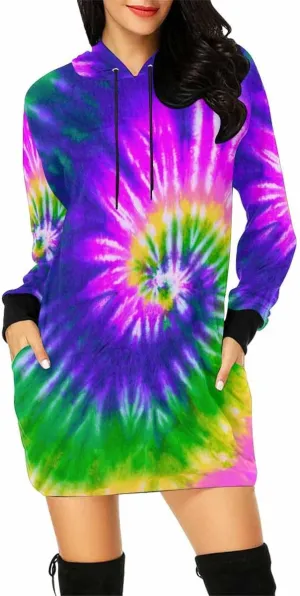 Womens Hoodies Bright Summer Zig Zag Tie Dye Bleed Womens Sweatshirt Dress Long Sleeve Hoodies Mini Dresses Casual Hoodie