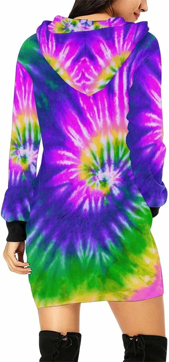 Womens Hoodies Bright Summer Zig Zag Tie Dye Bleed Womens Sweatshirt Dress Long Sleeve Hoodies Mini Dresses Casual Hoodie