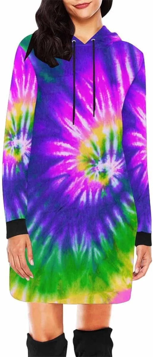 Womens Hoodies Bright Summer Zig Zag Tie Dye Bleed Womens Sweatshirt Dress Long Sleeve Hoodies Mini Dresses Casual Hoodie