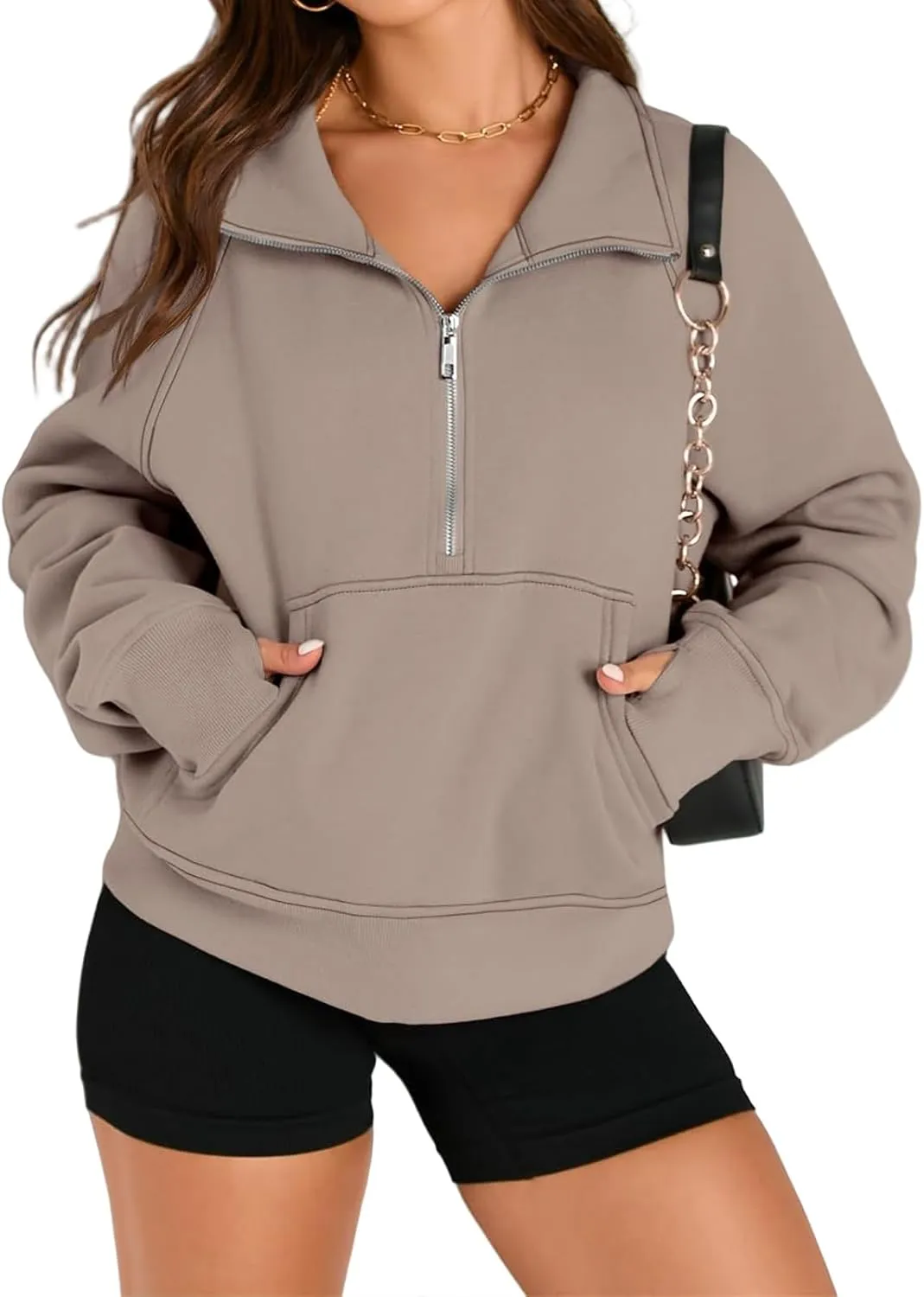 Womens Hoodies Oversized Quarter Zip Pullover Cropped Fleece Sweatshirts with Pockets Fall Clothes Thumb Hole