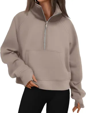 Womens Hoodies Oversized Quarter Zip Pullover Cropped Fleece Sweatshirts with Pockets Fall Clothes Thumb Hole