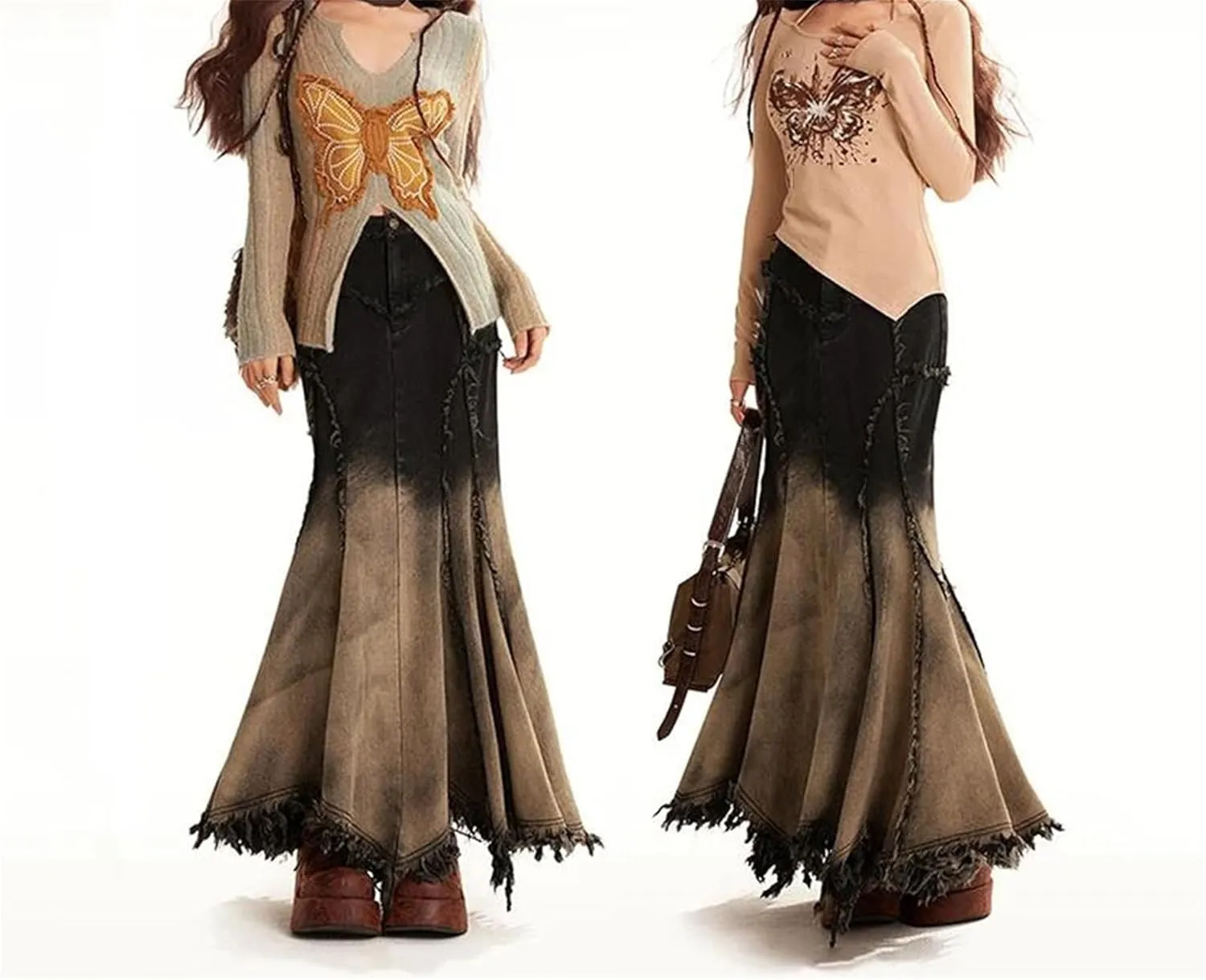 Womens Irregular Stitch Frayed Hem High Waist Fishtail Long Skirt Y2k Gradiente Color Denim Maxi Skirt