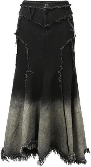 Womens Irregular Stitch Frayed Hem High Waist Fishtail Long Skirt Y2k Gradiente Color Denim Maxi Skirt
