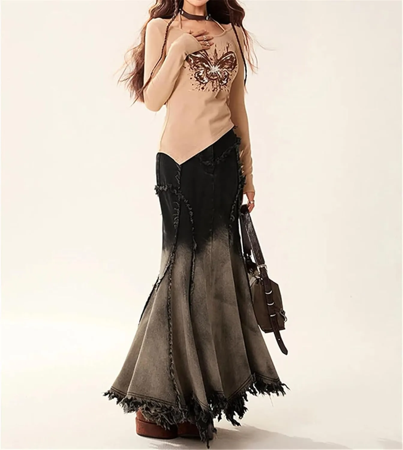 Womens Irregular Stitch Frayed Hem High Waist Fishtail Long Skirt Y2k Gradiente Color Denim Maxi Skirt