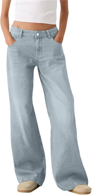 Womens Jeans High Waisted Stretchy Plus Size Pants for Women Tummy Control Black Baggy Jeans Straight Wide Leg
