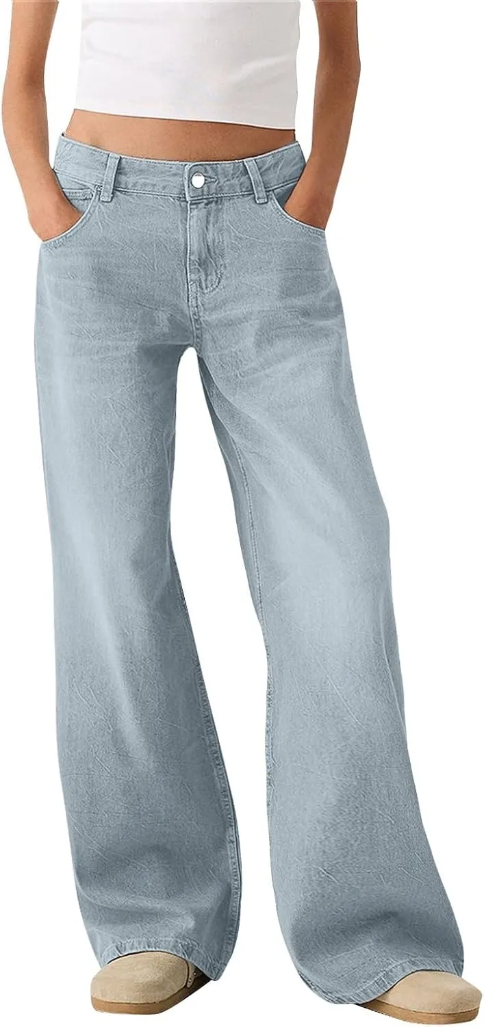 Womens Jeans High Waisted Stretchy Plus Size Pants for Women Tummy Control Black Baggy Jeans Straight Wide Leg