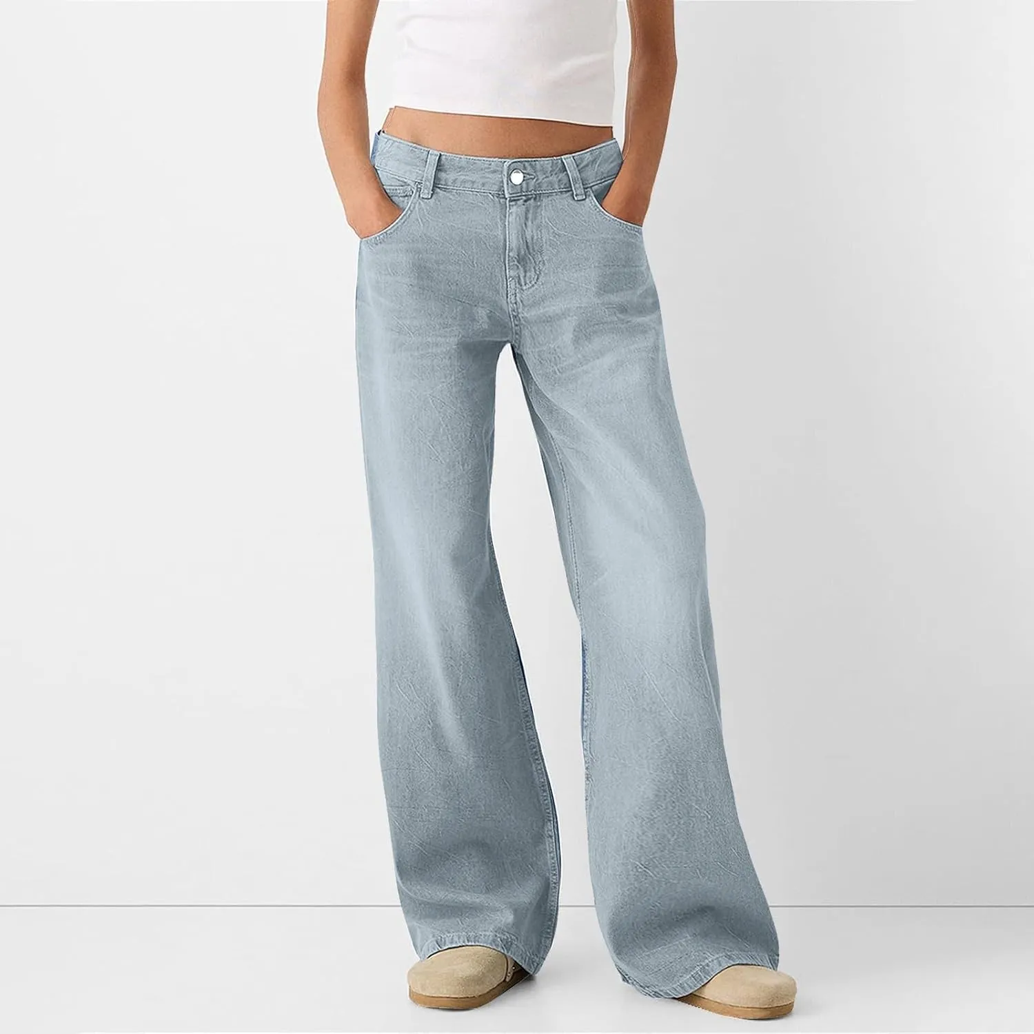 Womens Jeans High Waisted Stretchy Plus Size Pants for Women Tummy Control Black Baggy Jeans Straight Wide Leg