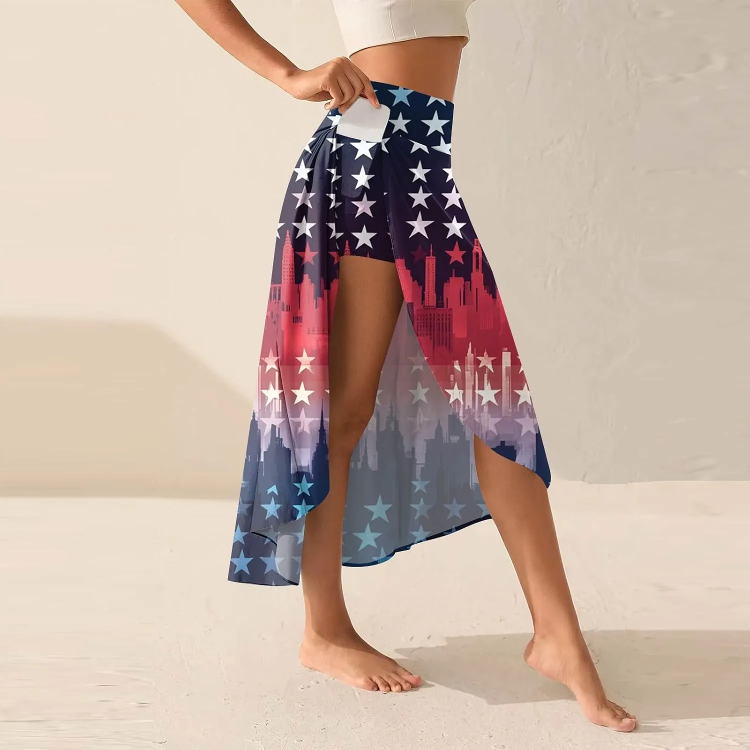 Womens July 4th Clothing Stars Striped Elastic Waist USA Flag Business Solid Long Flowy Skirts with Shorts