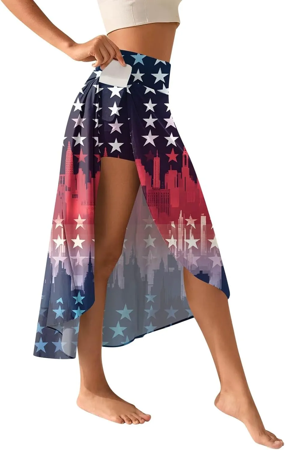 Womens July 4th Clothing Stars Striped Elastic Waist USA Flag Business Solid Long Flowy Skirts with Shorts