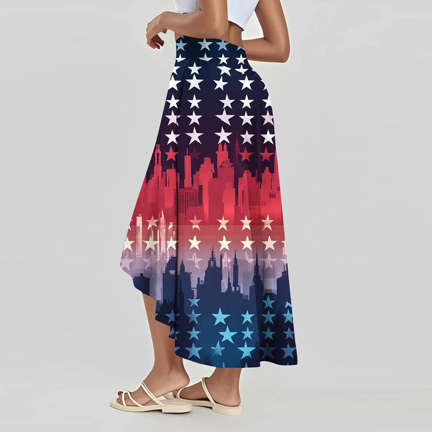 Womens July 4th Clothing Stars Striped Elastic Waist USA Flag Business Solid Long Flowy Skirts with Shorts