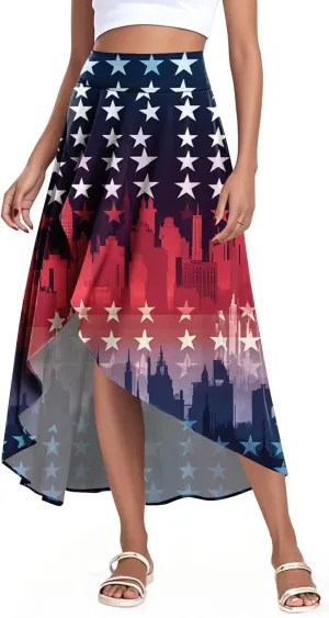 Womens July 4th Clothing Stars Striped Elastic Waist USA Flag Business Solid Long Flowy Skirts with Shorts
