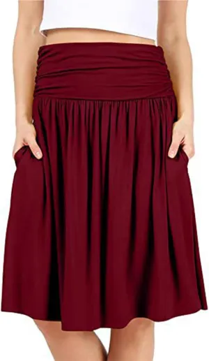 Womens Knee Length Skirts Summer Casual Pleated Flowy Skirt High Waist Solid Color Mini Skirts