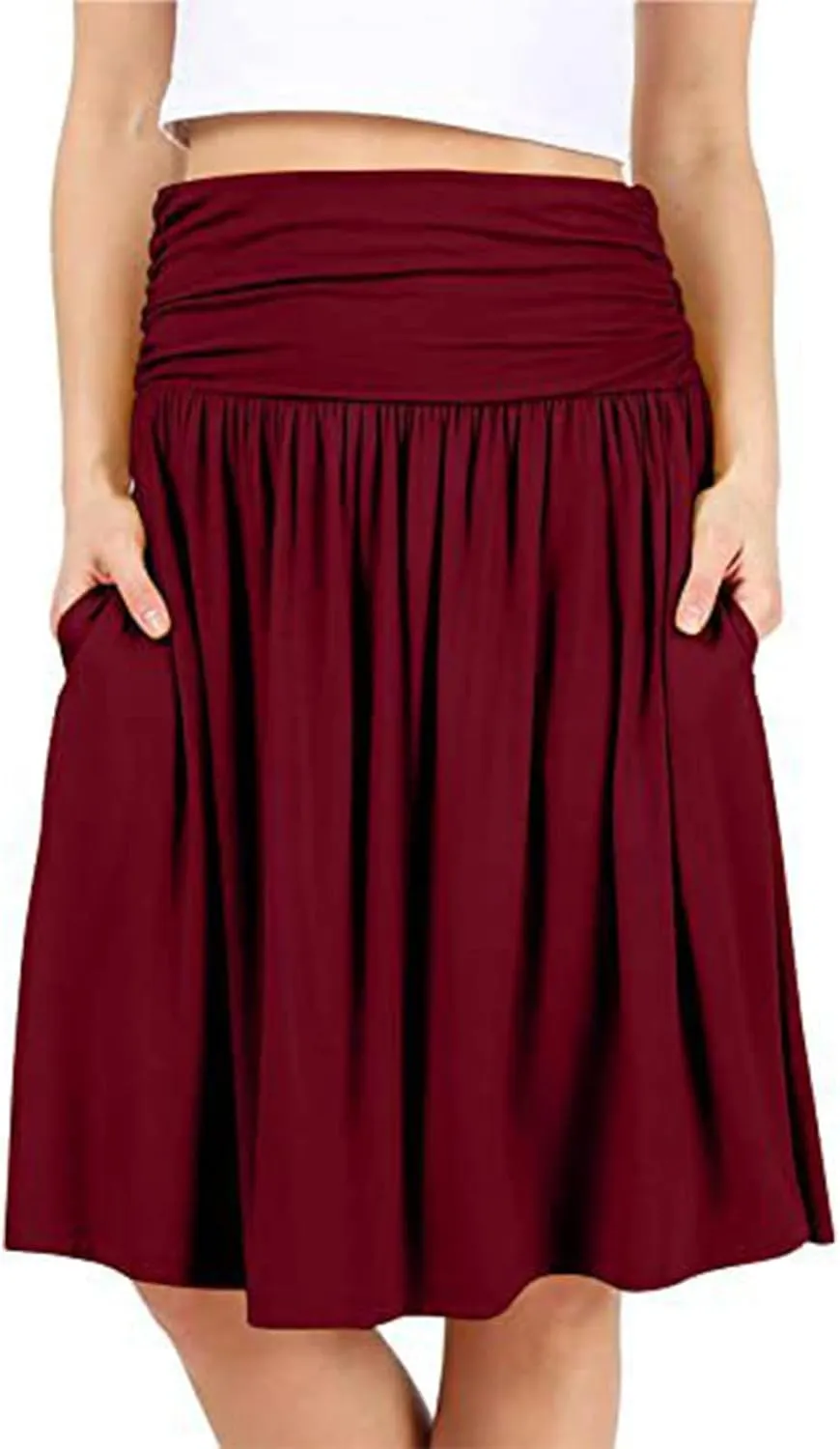 Womens Knee Length Skirts Summer Casual Pleated Flowy Skirt High Waist Solid Color Mini Skirts