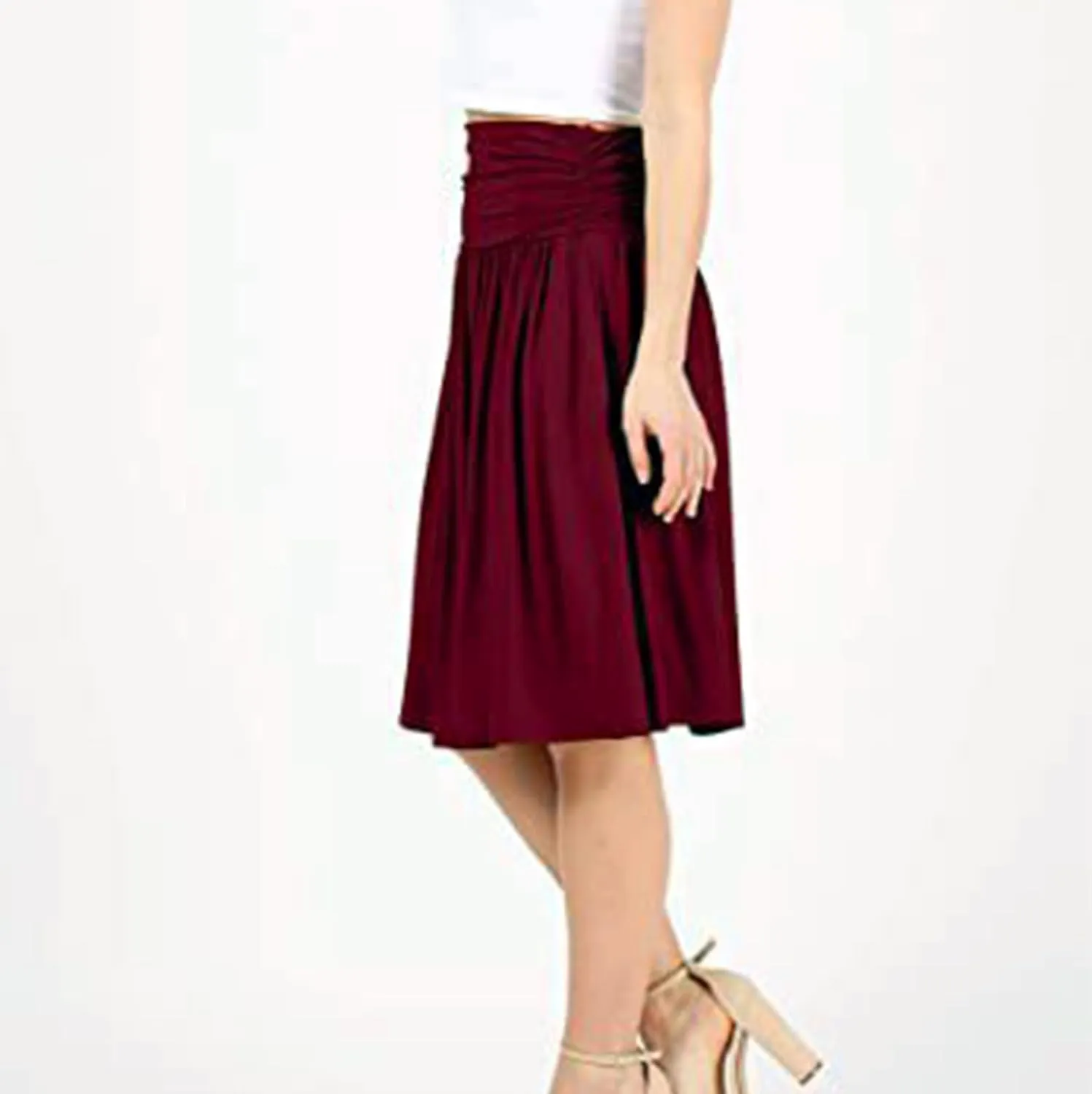 Womens Knee Length Skirts Summer Casual Pleated Flowy Skirt High Waist Solid Color Mini Skirts