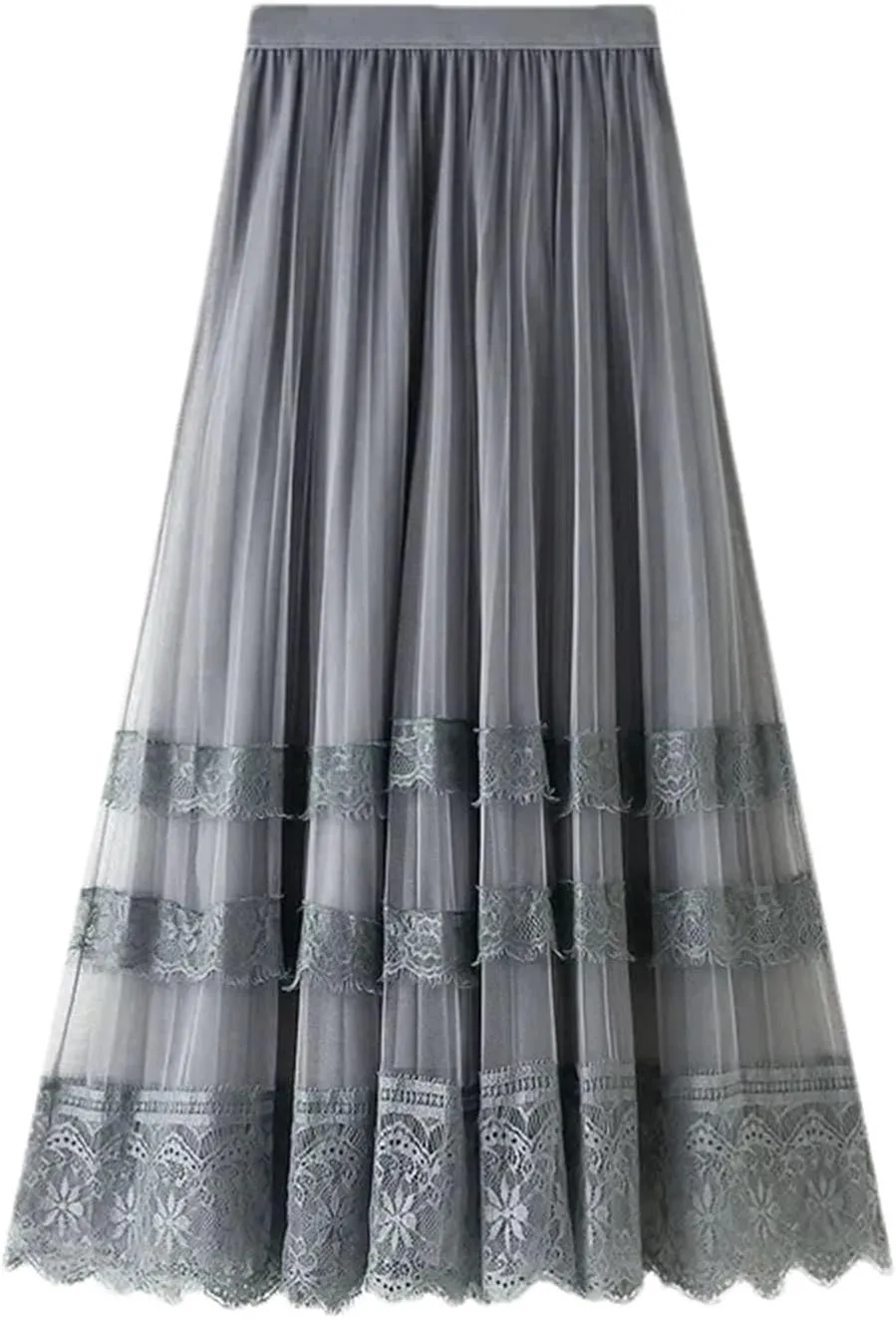 Women's Lace Hollow Long Skirts Korean High Waist Tulle Midi Skirts