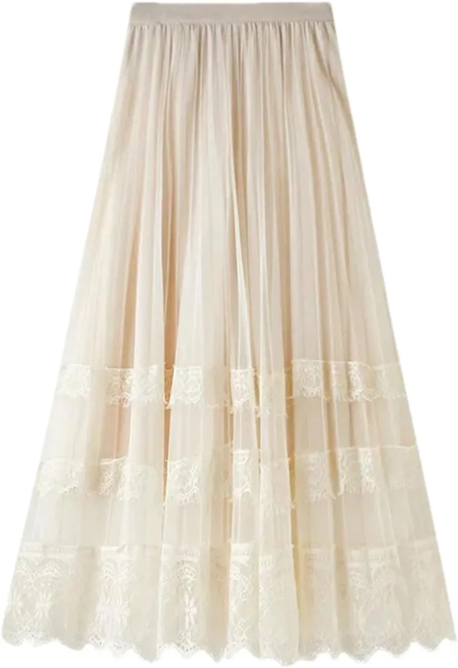 Women's Lace Hollow Long Skirts Korean High Waist Tulle Midi Skirts