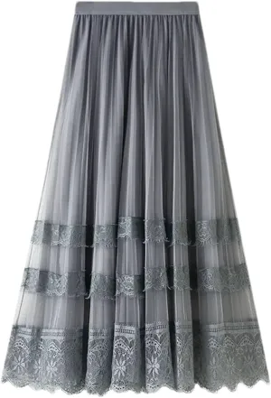 Women's Lace Hollow Long Skirts Korean High Waist Tulle Midi Skirts