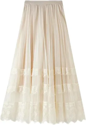 Women's Lace Hollow Long Skirts Korean High Waist Tulle Midi Skirts