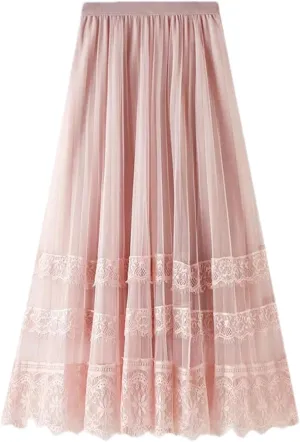 Women's Lace Hollow Long Skirts Korean High Waist Tulle Midi Skirts