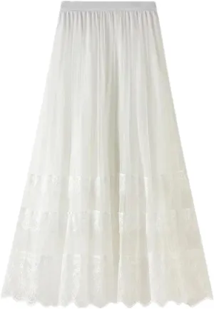 Women's Lace Hollow Long Skirts Korean High Waist Tulle Midi Skirts