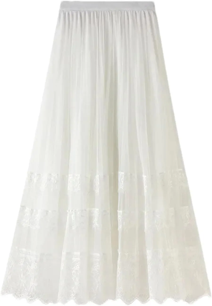 Women's Lace Hollow Long Skirts Korean High Waist Tulle Midi Skirts