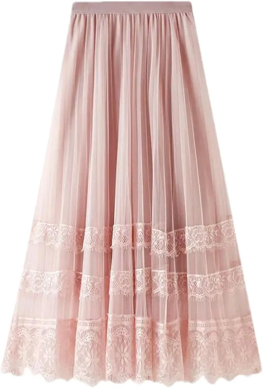 Women's Lace Hollow Long Skirts Korean High Waist Tulle Midi Skirts