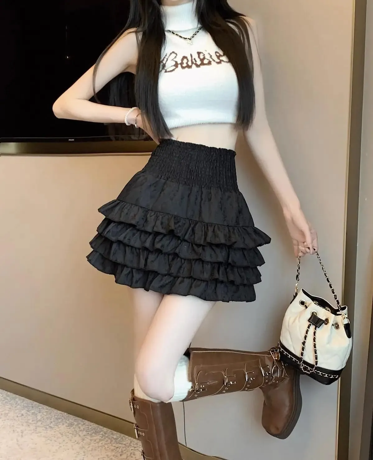 Women's Lace Layered Pleated Cute Mini Skirts Ruffle High Waist Flowy Short Skirts