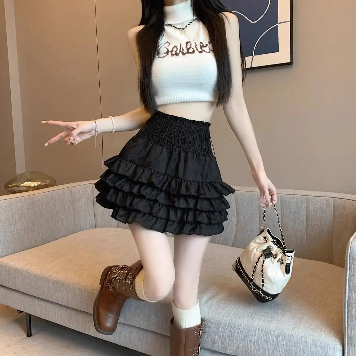 Women's Lace Layered Pleated Cute Mini Skirts Ruffle High Waist Flowy Short Skirts