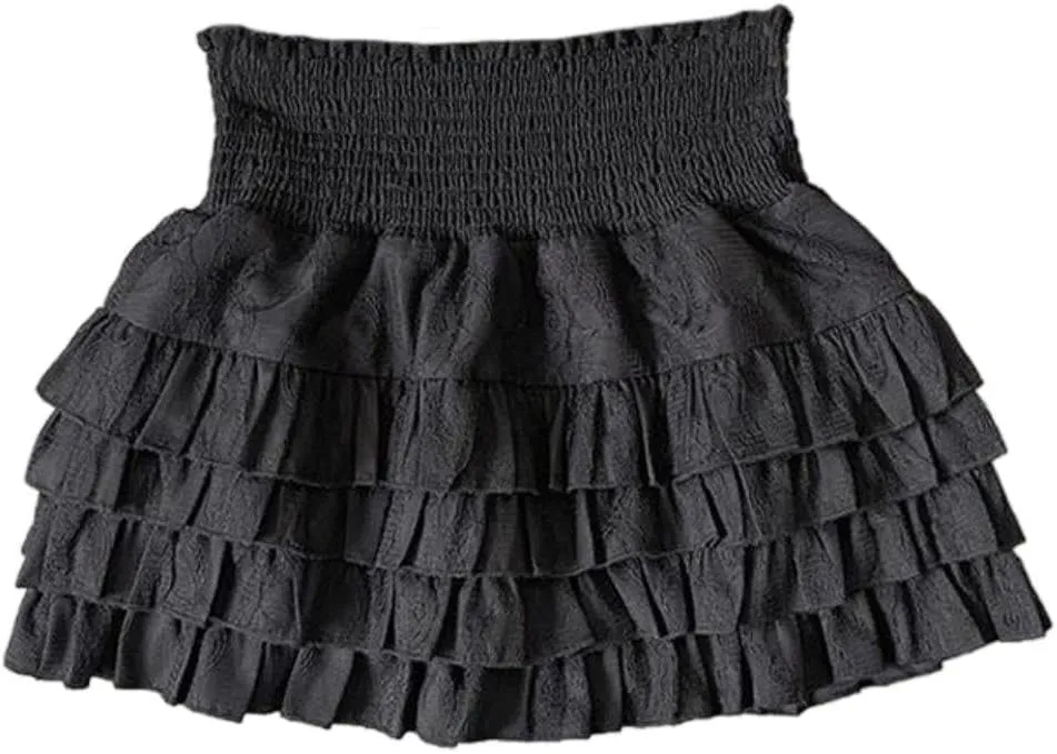 Women's Lace Layered Pleated Cute Mini Skirts Ruffle High Waist Flowy Short Skirts