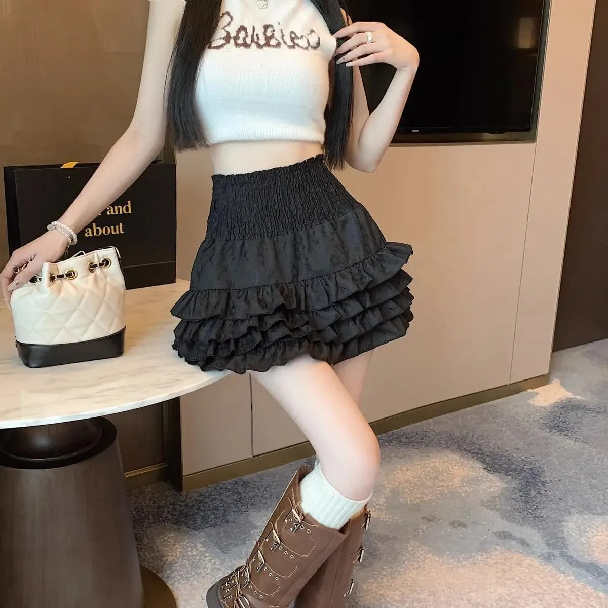 Women's Lace Layered Pleated Cute Mini Skirts Ruffle High Waist Flowy Short Skirts