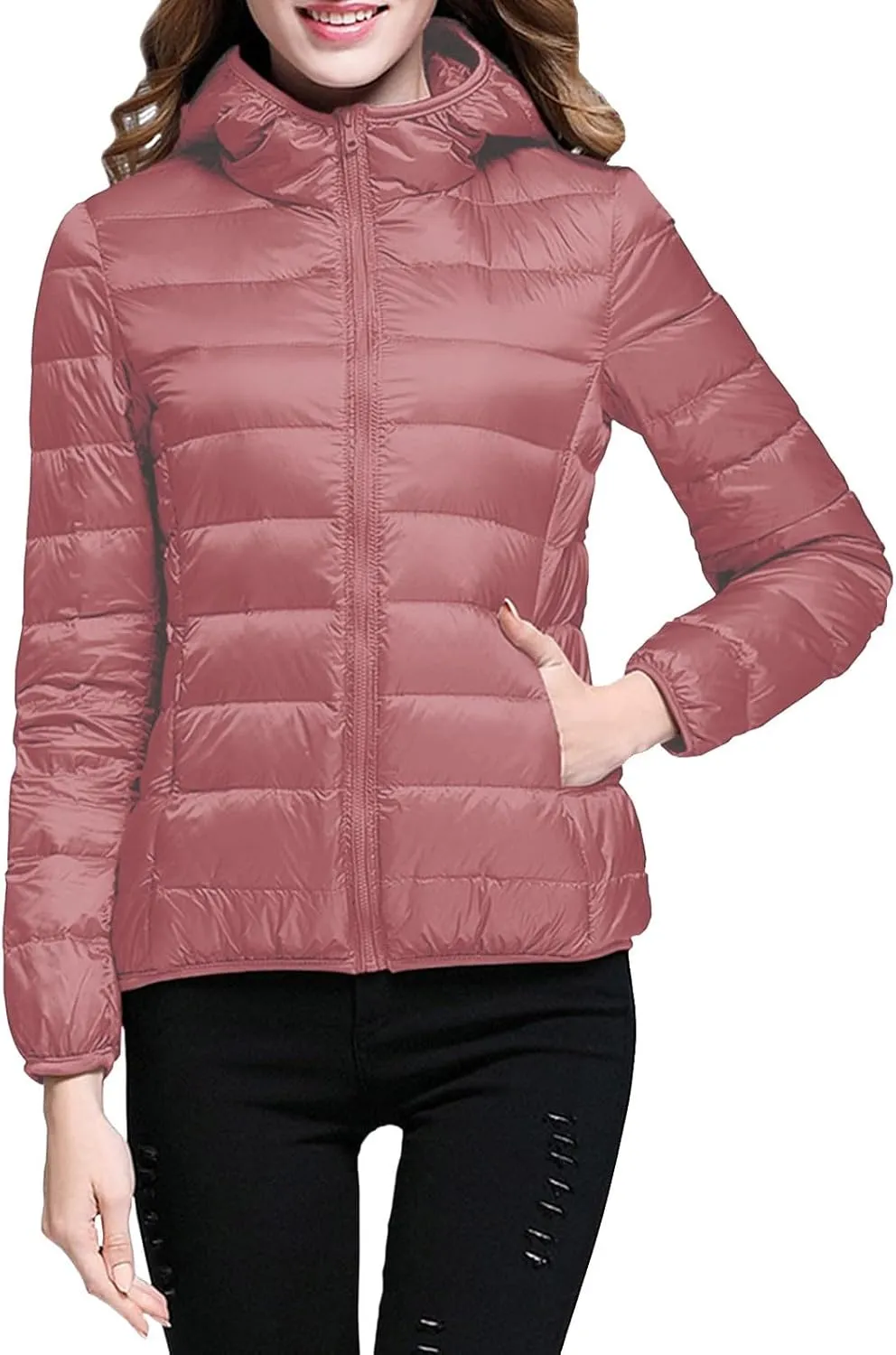 Women's Lightweight Hooded Down Jacket Packable Puffer Coats,Puffer Jacket Hooded Windproof Winter Coat
