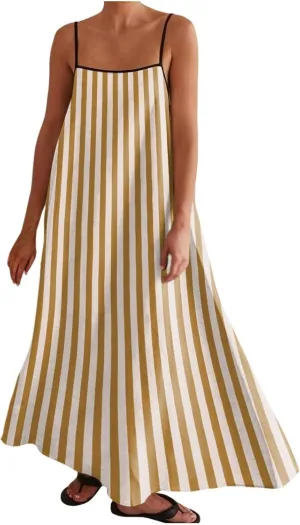 Womens Linen Maxi Dress Contrast Trim Spaghetti Straps Summer Outfits Sleeveless Long Womens Business Casual Dresses